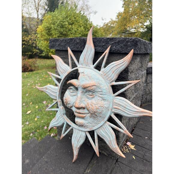 Large 34” Half Face Sun Wall Plaque Aluminum Sculpture Verdigris Finish - Picture 3 of 10